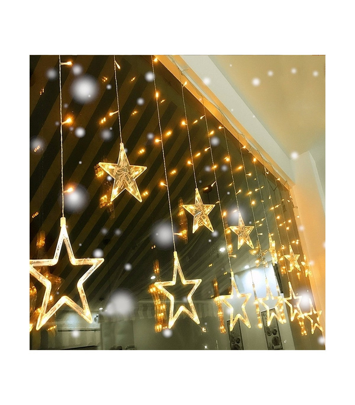 Decoratiune cu Stele Mari și Mici – Alb Cald, Fir Transparent, 220V, 3 Metri