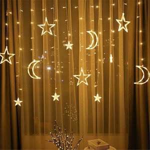 Decoratiune Luminoasa - perdea luminoasa stele si luna 3 METRI, Alb-Cald, Interior - Exterior