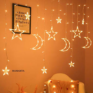 Decoratiune Luminoasa - perdea luminoasa stele si luna 3 METRI, Alb-Cald, Interior - Exterior