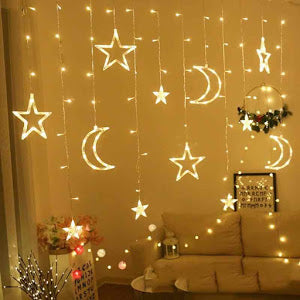 Decoratiune Luminoasa - perdea luminoasa stele si luna 3 METRI, Alb-Cald, Interior - Exterior