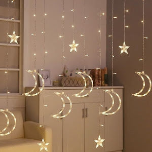Decoratiune Luminoasa - perdea luminoasa stele si luna 3 METRI, Alb-Cald, Interior - Exterior
