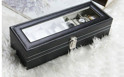 Cutie Eleganta pentru 6 Ceasuri cu Capac Transparent, Organizator Ceasuri Premium din Piele Ecologica