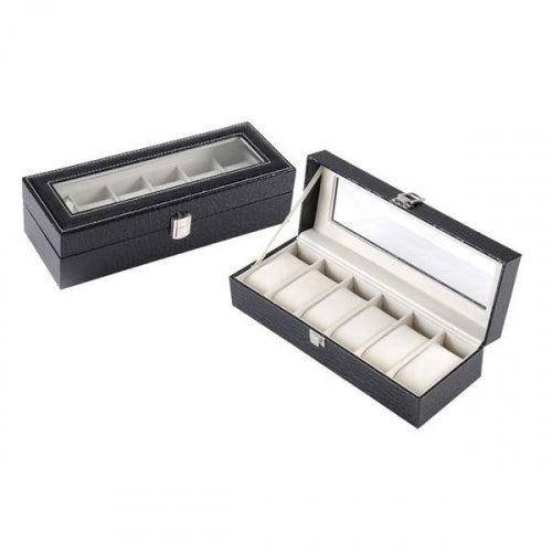 Cutie Eleganta pentru 6 Ceasuri cu Capac Transparent, Organizator Ceasuri Premium din Piele Ecologica