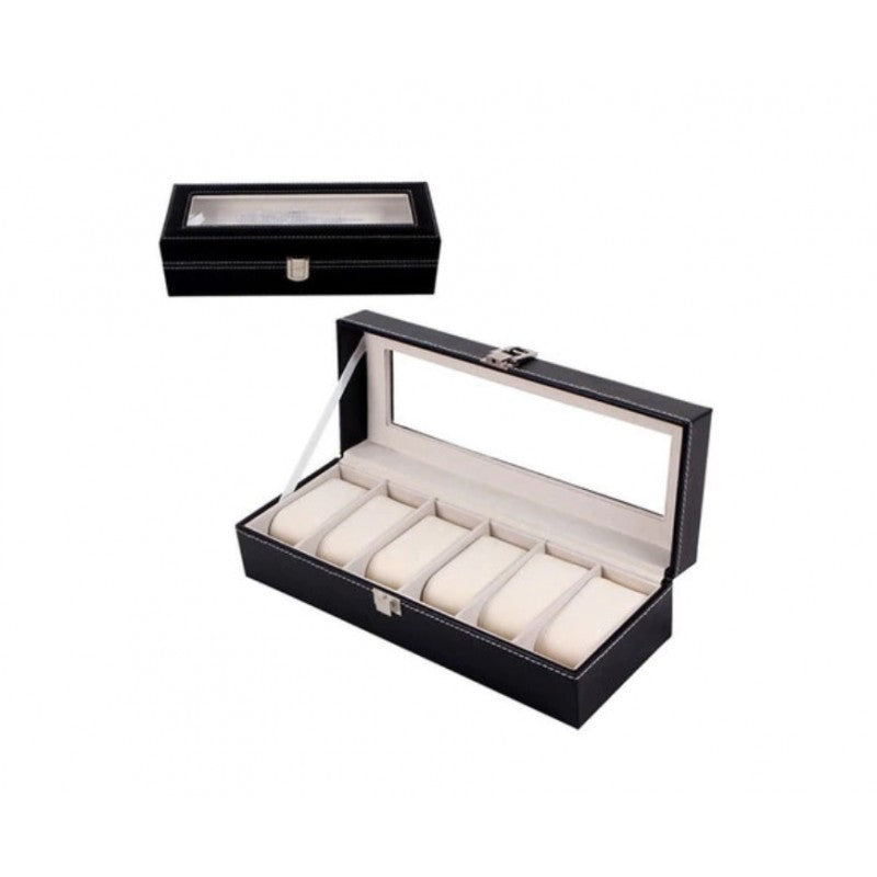 Cutie Eleganta pentru 6 Ceasuri cu Capac Transparent, Organizator Ceasuri Premium din Piele Ecologica