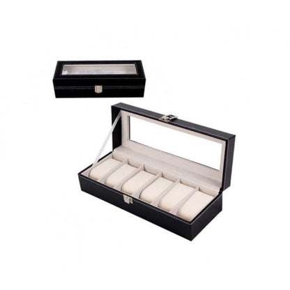 Cutie Eleganta pentru 6 Ceasuri cu Capac Transparent, Organizator Ceasuri Premium din Piele Ecologica