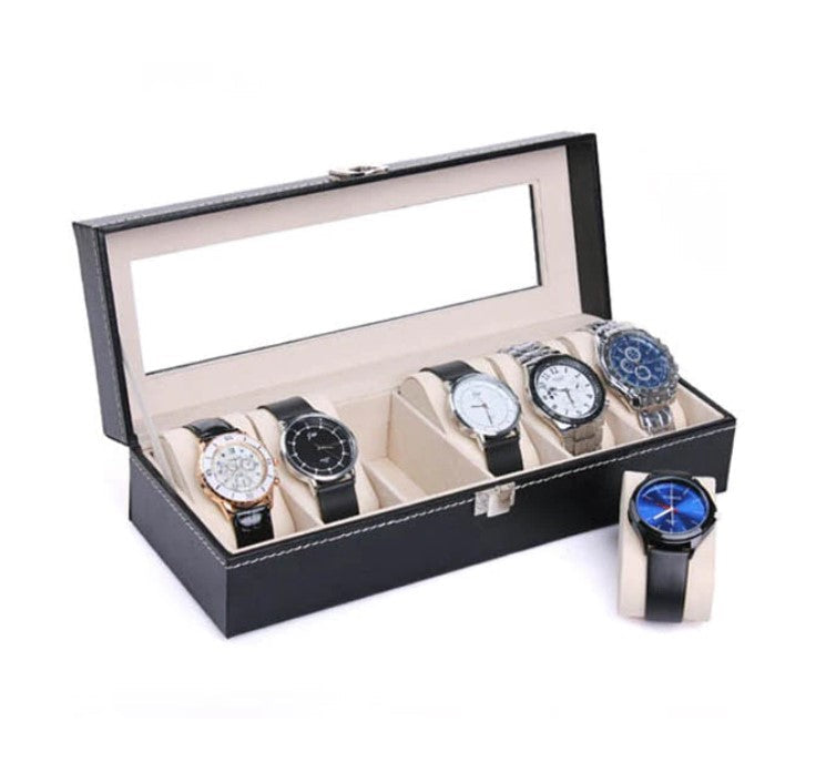 Cutie Eleganta pentru 6 Ceasuri cu Capac Transparent, Organizator Ceasuri Premium din Piele Ecologica