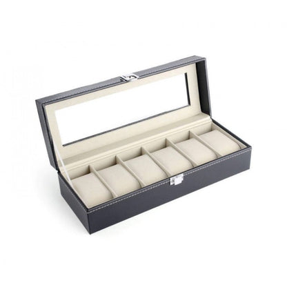 Cutie Eleganta pentru 6 Ceasuri cu Capac Transparent, Organizator Ceasuri Premium din Piele Ecologica
