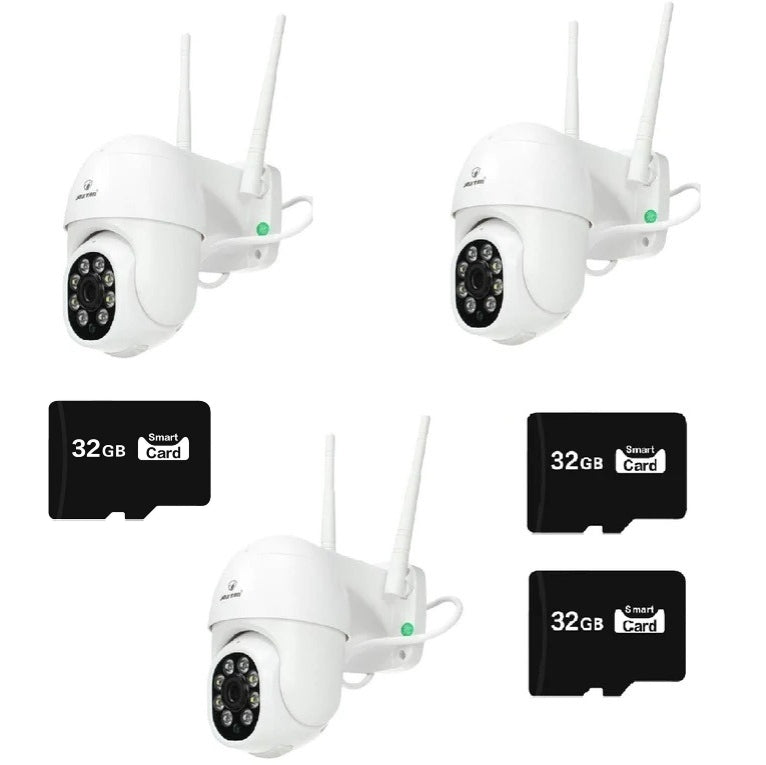Set 3 x Camere de Supraveghere Video Jortan , 32 Leduri, Rotative, Infrarosu, Rezistanta la apa + 3 carduri 32GB