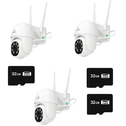 Set 3 x Camere de Supraveghere Video Jortan , 32 Leduri, Rotative, Infrarosu, Rezistanta la apa + 3 carduri 32GB