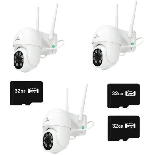 Set 3 x Camere de Supraveghere Video Jortan , 32 Leduri, Rotative, Infrarosu, Rezistanta la apa + 3 carduri 32GB