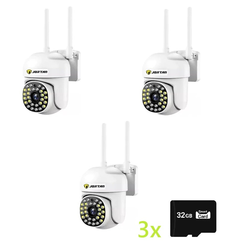 Set 3 x Camere de Supraveghere Video Jortan , 32 Leduri, Rotative, Infrarosu, Rezistanta la apa + 3 carduri 32GB