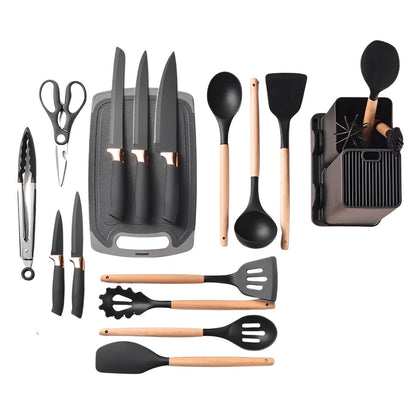 Set 19 Ustensile pentru Bucatarie din Silicon,cu Maner de  Lemn si Suport